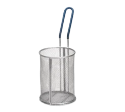 TableCraft Products 985 5 1/4" Dia. X 7" H Round 18/8 Stainless Steel Pasta Basket With Blue Cool-To-Touch PVC Handle